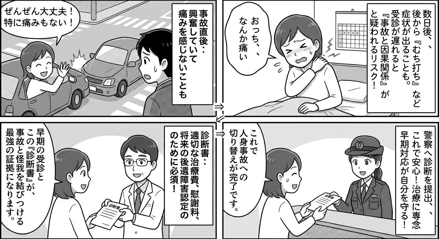 交通事故後の早期対応の重要性をマンガで解説｜青山しぶや整骨院（渋谷区）
